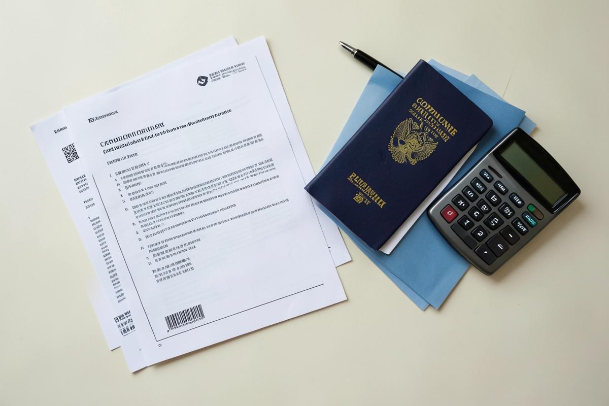 Employment contracts, passport and calculator on a desk